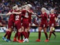 England Women celebrate scoring against Spain on April 9, 2019