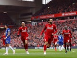 Liverpool's Mohamed Salah celebrates scoring against Chelsea in the Premier League at Anfield on April 14, 2019