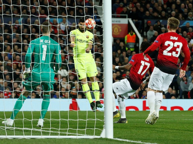 Luis Suarez scores Barcelona's opener against Manchester United in the Champions League on April 10, 2019