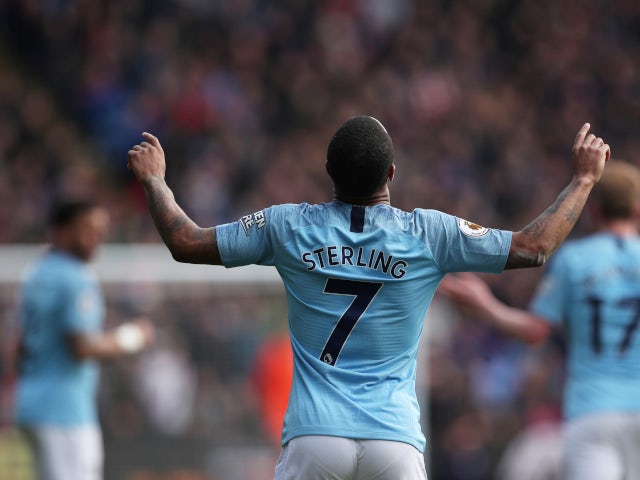 Raheem Sterling celebrates scoring for Manchester City against Crystal Palace in the Premier League on April 14, 2019.
