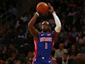 Detroit Pistons guard Reggie Jackson (1) shoots against the New York Knicks during the first half at Madison Square Garden on April 11, 2019