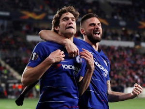 Marcos Alonso celebrates scoring for Chelsea against Slavia Prague in the Europa League on April 11, 2019.
