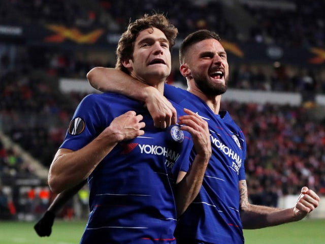 Marcos Alonso celebrates scoring for Chelsea against Slavia Prague in the Europa League on April 11, 2019.