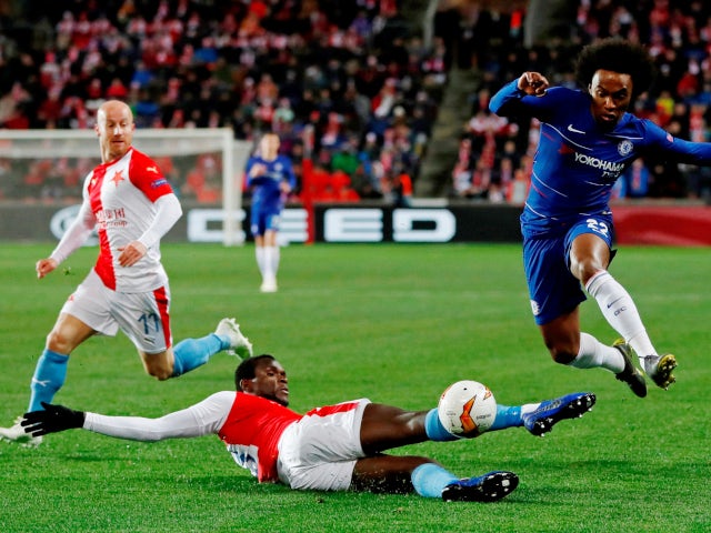 Chelsea's Willian attempts to break forward against Slavia Prague in the Europa League on April 11, 2019.