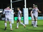 Leicester Tigers celebrate victory at full time against Newcastle Falcons on April 12, 2019