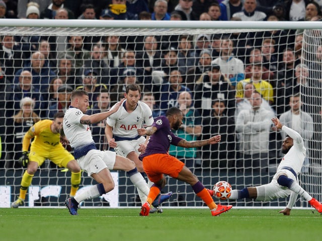 Tottenham Hotspur's Danny Rose blocks a shot from Manchester City's Raheem Sterling in the Champions League on April 9, 2019.