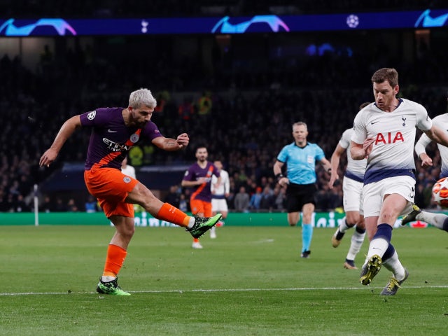 Manchester City's Sergio Aguero gets a shot away against Tottenham Hotspur in the Champions League on April 9, 2019.