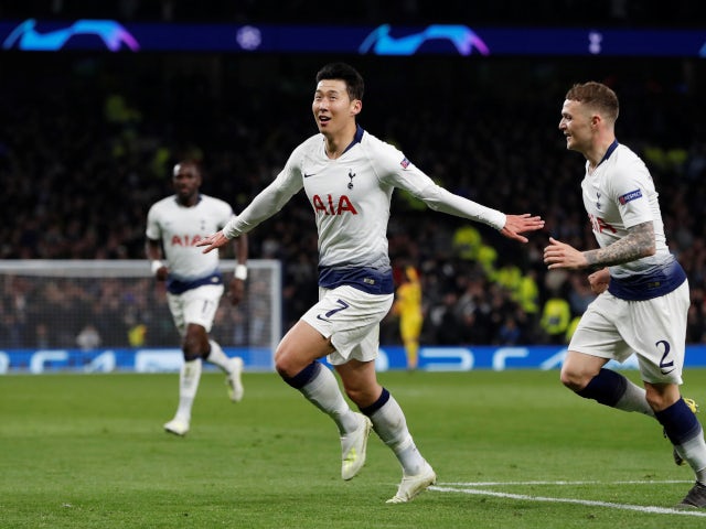 Son Heung-min celebrates scoring for Tottenham Hotspur against Manchester City in the Champions League on April 9, 2019.
