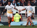 Wasps' Nathan Hughes celebrates after scoring a try against Exeter Chiefs on April 14, 2019