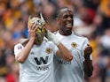 Wolverhampton Wanderers Raul Jimenez celebrates with a mask during the FA Cup semi-final against Watford on April 7, 2019