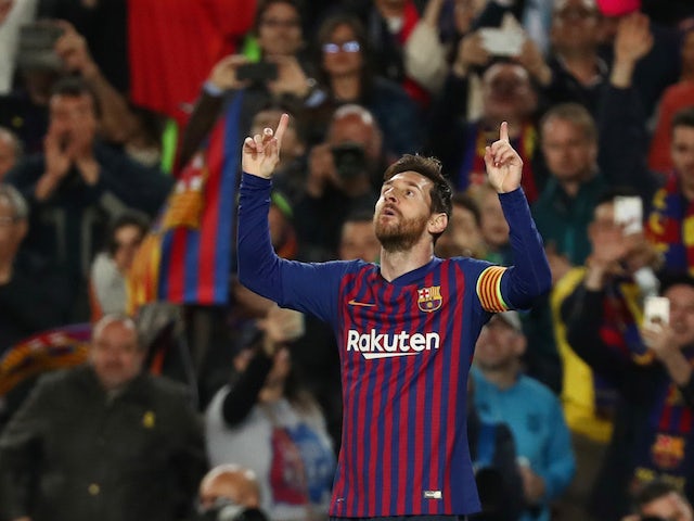 Barcelona's Lionel Messi celebrates scoring against Manchester United in the Champions League on April 16, 2019