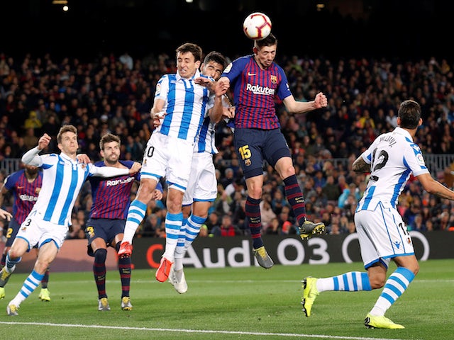 Barcelona defender Clement Lenglet scores the opening goal against Real Sociedad on April 20, 2019