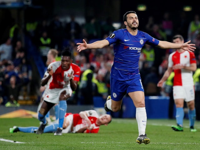 Chelsea's Pedro celebrates scoring against Slavia Prague in the Europa League on April 18, 2019.