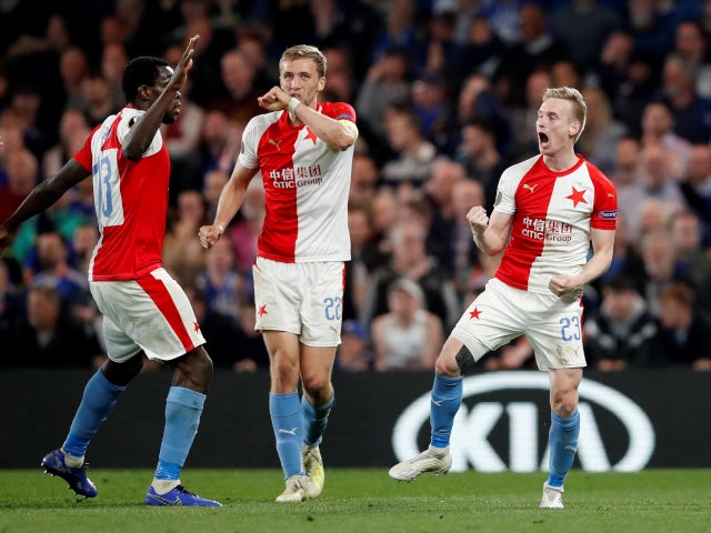 Petr Sevcik celebrates after scoring for Slavia Prague against Chelsea in the Europa League on April 18, 2019.