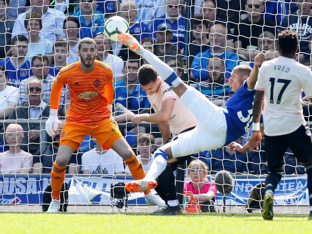 Everton's Richarlison scores a scissor kick against Manchester United in the Premier League on April 21, 2019.