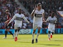 Fulham's Aleksandar Mitrovic celebrates scoring their first goal against Bournemouth on April 20, 2019