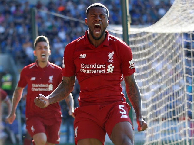 Georginio Wijnaldum opens the scoring during the Premier League game between Cardiff City and Liverpool on April 21, 2019
