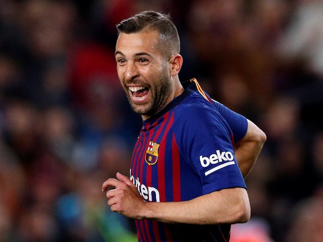 Barcelona full-back Jordi Alba celebrates scoring against Real Sociedad on April 20, 2019