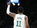 Boston Celtics guard Kyrie Irving (11) reacts during the first half in game two of the first round of the 2019 NBA Playoffs against the Indiana Pacers at TD Garden on April 17, 2019