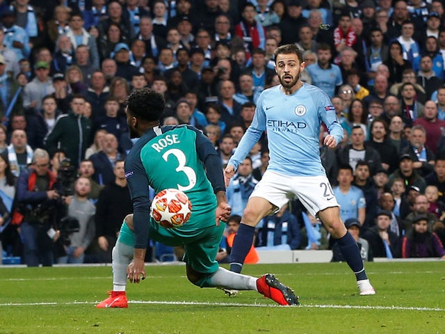Manchester City attacker Bernardo Silva scores against Tottenham Hotspur in the Champions League on April 17, 2019