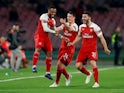 Alexandre Lacazette celebrates after opening the scoring for Arsenal away to Napoli on April 18, 2019