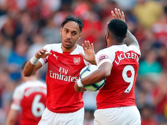 Pierre-Emerick Aubameyang pulls one back during the Premier League game between Arsenal and Crystal Palace on April 21, 2019