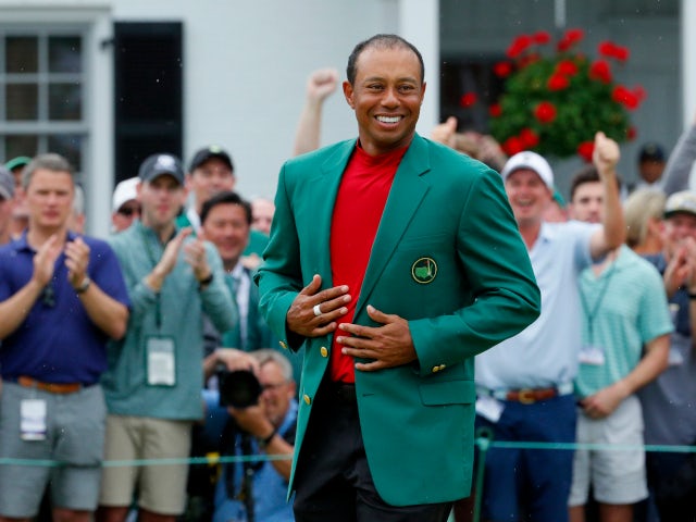 Tiger Woods wearing the green jacket after winning The Masters in April, 2019.