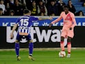 Barcelona's Ousmane Dembele in action with Alaves' Ximo Navarro on April 23, 2019