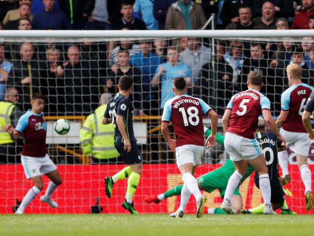 Sergio Aguero opens the scoring for Manchester City in their Premier League meeting with Burnley on April 28, 2019