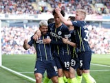 Sergio Aguero celebrates opening the scoring during the Premier League game between Burnley and Manchester City on April 28, 2019
