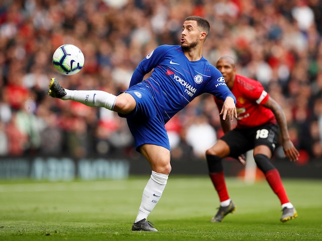 Eden Hazard in action during the Premier League game between Manchester United and Chelsea on April 28, 2019