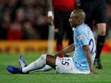 Manchester City midfielder Fernandinho goes down injury during the derby against Manchester United on April 24, 2019
