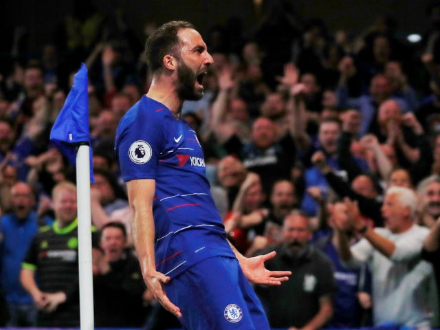 Chelsea striker Gonzalo Higuain celebrates scoring against Burnley on April 22, 2019.