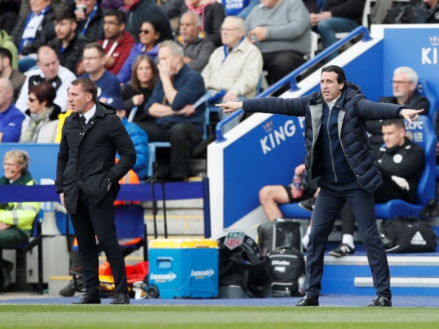 Brendan Rodgers and Unai Emery on the touchline as Leicester City play Arsenal in the Premier League on April 28, 2019.
