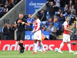 Arsenal's Ainsley Maitland-Niles questions his red card against Leicester City in the Premier League on April 28, 2019.