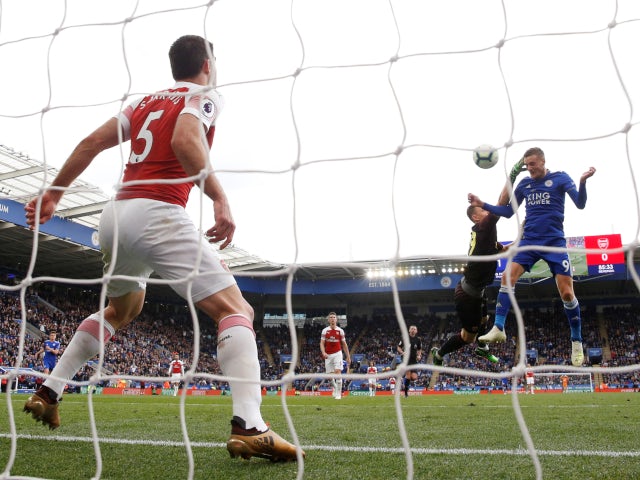 Leicester City's Jamie Vardy scores against Arsenal in the Premier League on April 28, 2019.