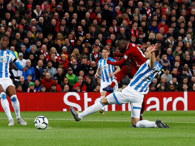 Naby Keita opens the scoring early doors during the Premier League game between Liverpool and Huddersfield Town on April 26, 2019