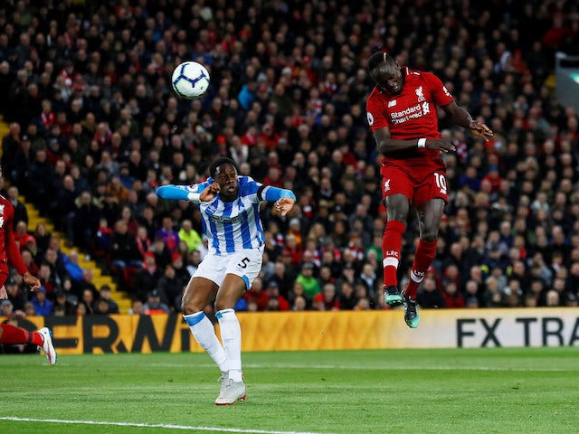 Sadio Mane nabs the second during the Premier League game between Liverpool and Huddersfield Town on April 26, 2019