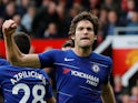 Marcos Alonso celebrates his equaliser during the Premier League game between Manchester United and Chelsea on April 28, 2019
