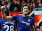 Marcos Alonso celebrates his equaliser during the Premier League game between Manchester United and Chelsea on April 28, 2019