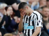 Newcastle's Miguel Almiron leaves the pitch in tears after suffering injury on April 20, 2019