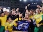 Norwich City players celebrate promotion to the Premier League on April 27, 2019