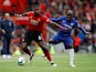 Paul Pogba and N'Golo Kante in action during the Premier League game between Manchester United and Chelsea on April 28, 2019