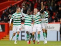 Celtic's Jozo Simunovic celebrates scoring their second goal with Mikael Lustig on May 4, 2019