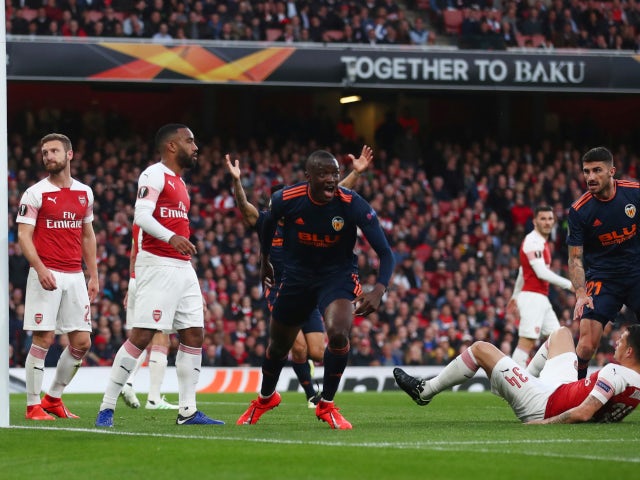 Valencia's Mouctar Diakhaby celebrates opening the scoring against Arsenal in their Europa League semi-final tie on May 2, 2019