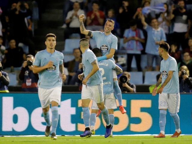 Celta Vigo's Iago Aspas celebrates scoring their second goal from the penalty spot with Hugo Mallo 