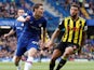 Andreas Christensen and Troy Deeney in action during the Premier League game between Chelsea and Watford on May 5, 2019