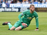 David de Gea on the ground during the Premier League game between Huddersfield Town and Manchester United on May 5, 2019