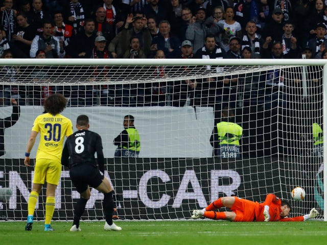 Eintracht Frankfurt's Luka Jovic scores against Chelsea in the Europa League on May 2, 2019.
