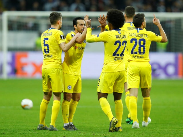 Pedro celebrates scoring for Chelsea against Eintracht Frankfurt in the Europa League on May 2, 2019.